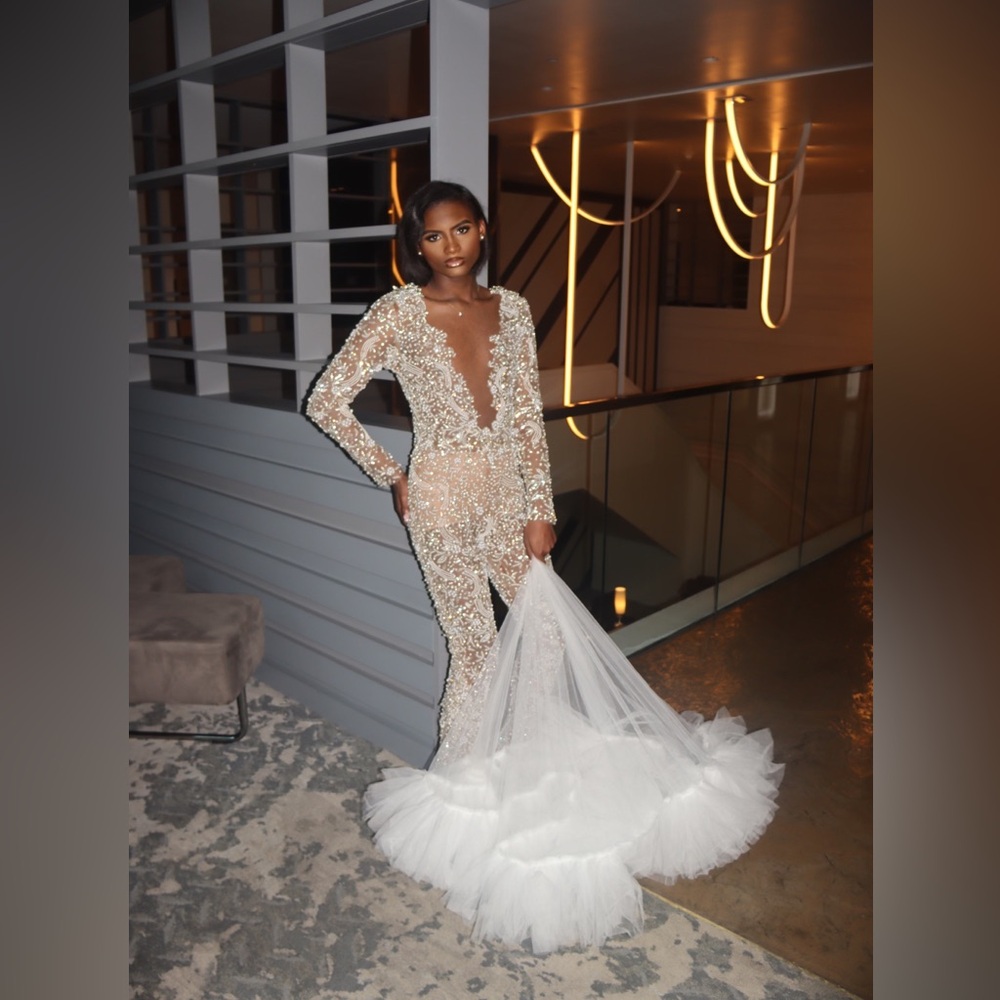 Custom small/medium prom bridal Couture pearl and crystal beaded jumpsuit casze